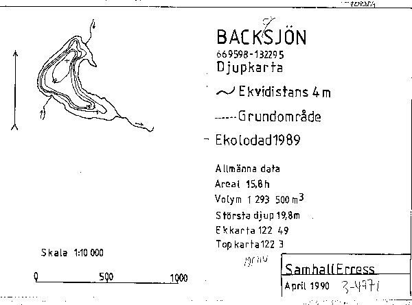 Djupkarta för Backsjön i Torsby — Backsjön — blad 3-4971 (SMHI Vattenwebb)