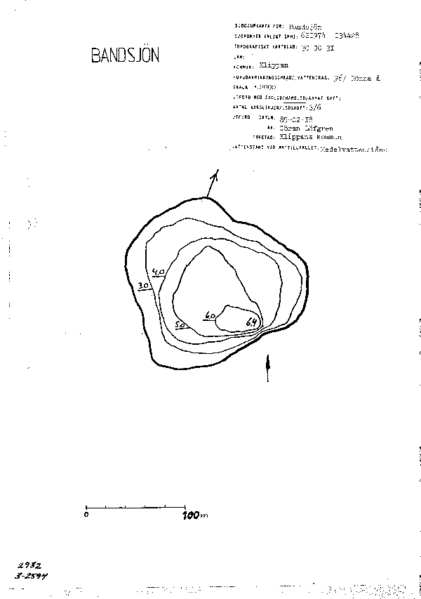 Djupkarta för Bandsjön — Bandsjön — blad 3-2594 (SMHI Vattenwebb)