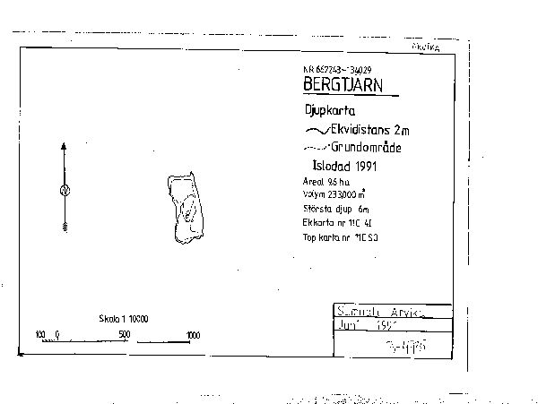 Djupkarta för Bergtjärn i Arvika — Bergtjärn — blad 3-4935 (SMHI Vattenwebb)