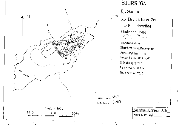 Djupkarta för Bjursjön i Filipstad — Bjursjön — blad 2-0467 (SMHI Vattenwebb)