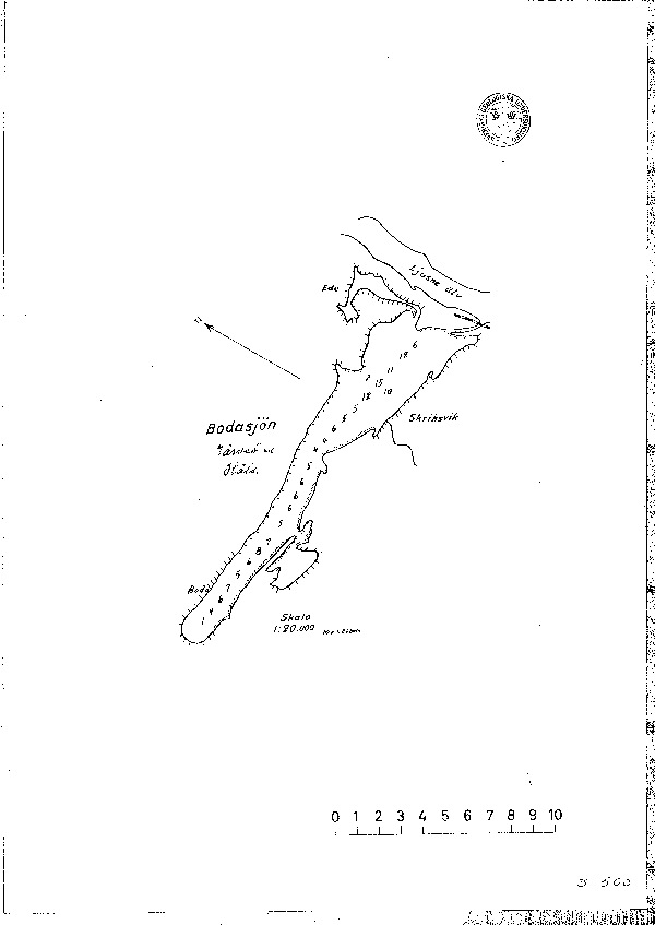 Djupkarta för Bodasjön i Ljusdal — Bodasjön — blad 3-0500 (SMHI Vattenwebb)