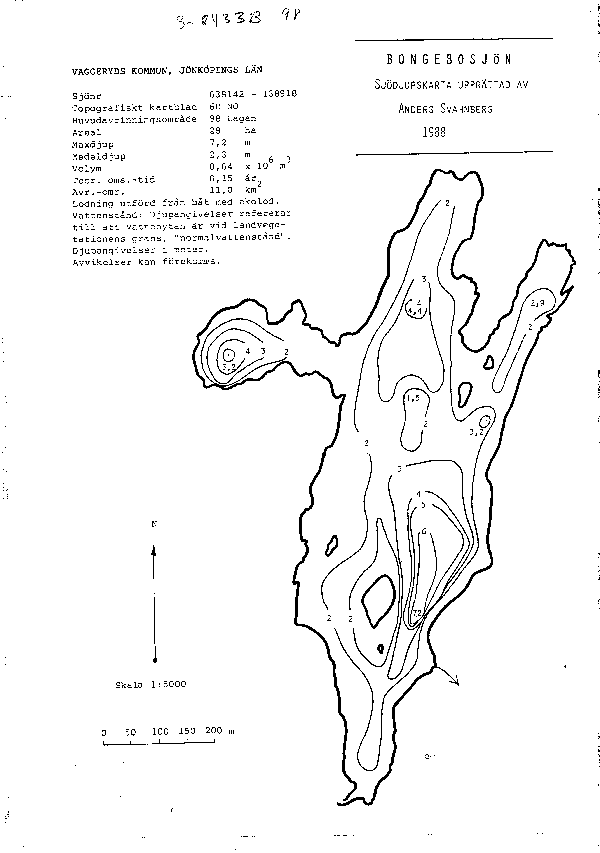 Djupkarta för Bongebosjön — Bongebosjön — blad 3-2433 (SMHI Vattenwebb)