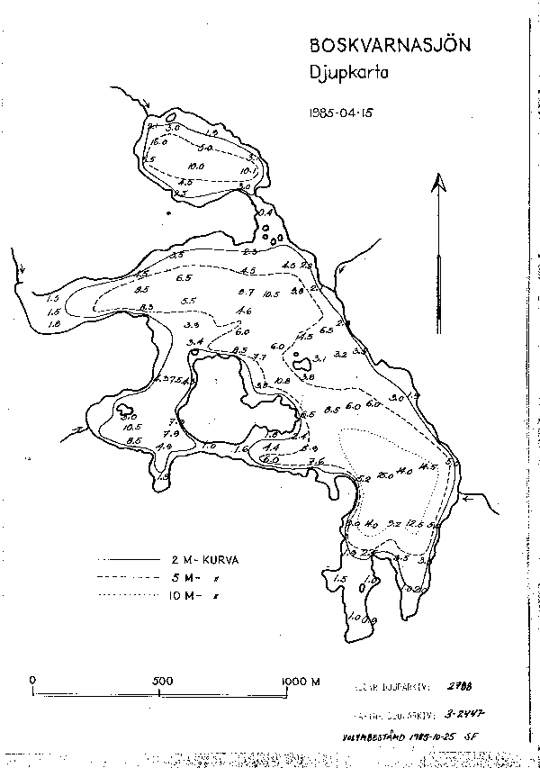 Djupkarta för Boskvarnasjön — Boskvarnasjön — blad 3-2447 (SMHI Vattenwebb)