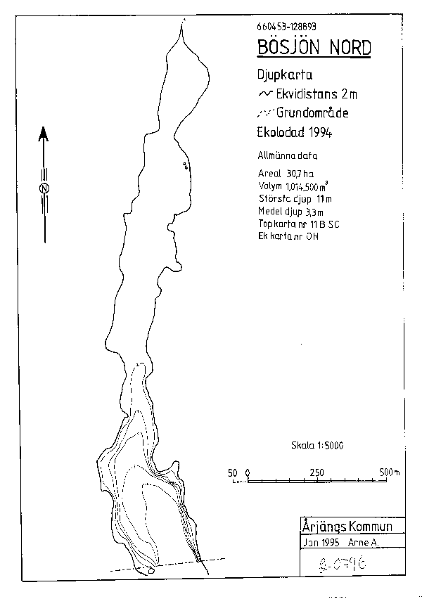 Djupkarta för Bösjön i Årjäng — Bösjön — blad 2-0796 (SMHI Vattenwebb)