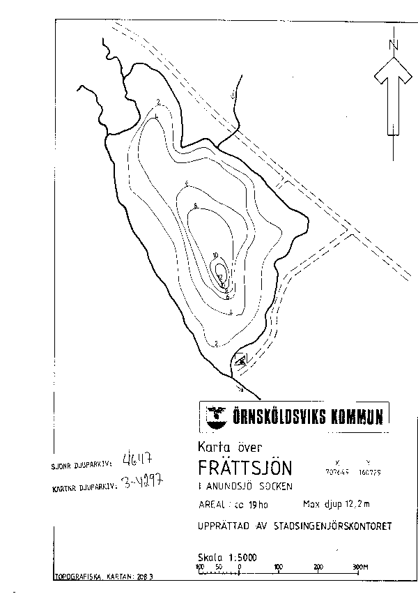 Djupkarta för Frättsjön i Örnsköldsvik — Frättsjön — blad 3-4297 (SMHI Vattenwebb)