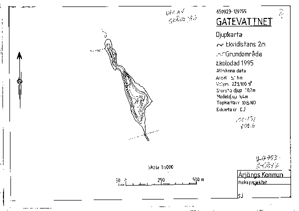 Djupkarta för Gatevattnet — Gatevattnet — blad 2-0877 (SMHI Vattenwebb)