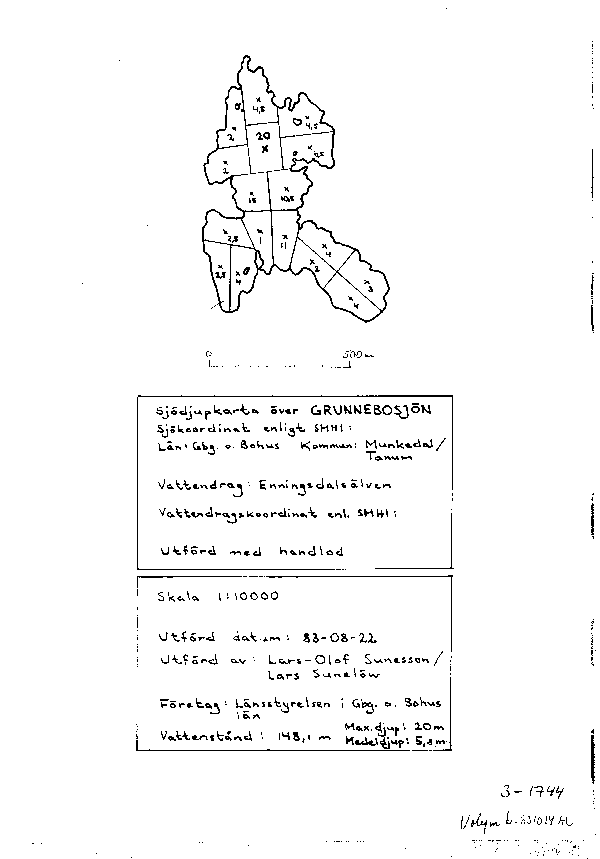 Djupkarta för Grunnebosjön — Grunnebosjön — blad 3-1744 (SMHI Vattenwebb)
