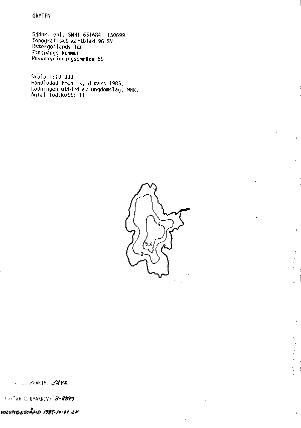 Djupkarta för Gryten i Finspång — Gryten — blad 3-2899 (SMHI Vattenwebb)