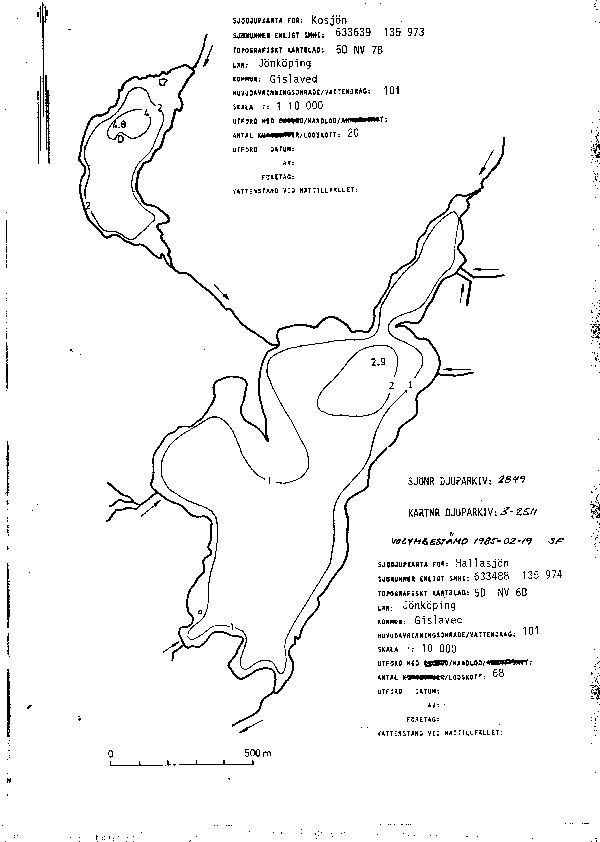 Djupkarta för Hallasjön i Gislaved — Hallasjön — blad 3-2510 (SMHI Vattenwebb)