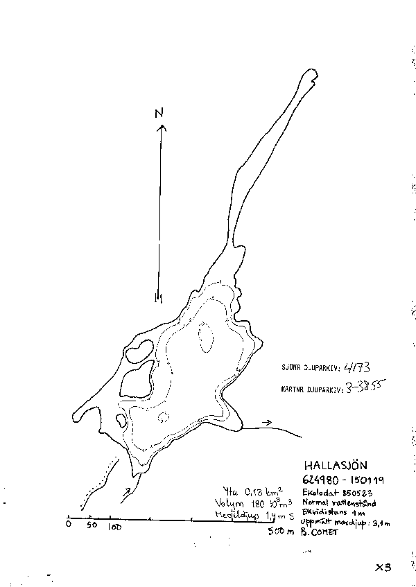 Djupkarta för Hallasjön i Torsås — Hallasjön — blad 3-3855 (SMHI Vattenwebb)