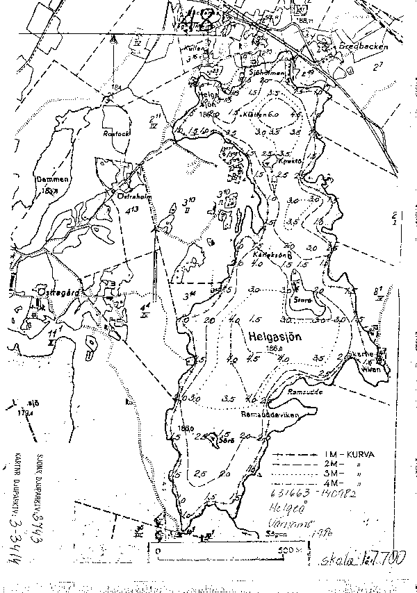 Djupkarta för Helgasjön i Värnamo — Helgasjön — blad 3-3414 (SMHI Vattenwebb)