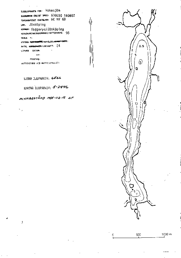 Djupkarta för Hokasjön — Hokasjön — blad 3-2446 (SMHI Vattenwebb)