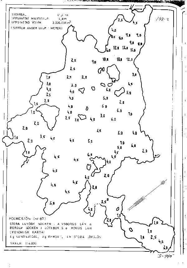 Djupkarta för Holmesjön i Lerum — Holmesjön — blad 3-0945 (SMHI Vattenwebb)