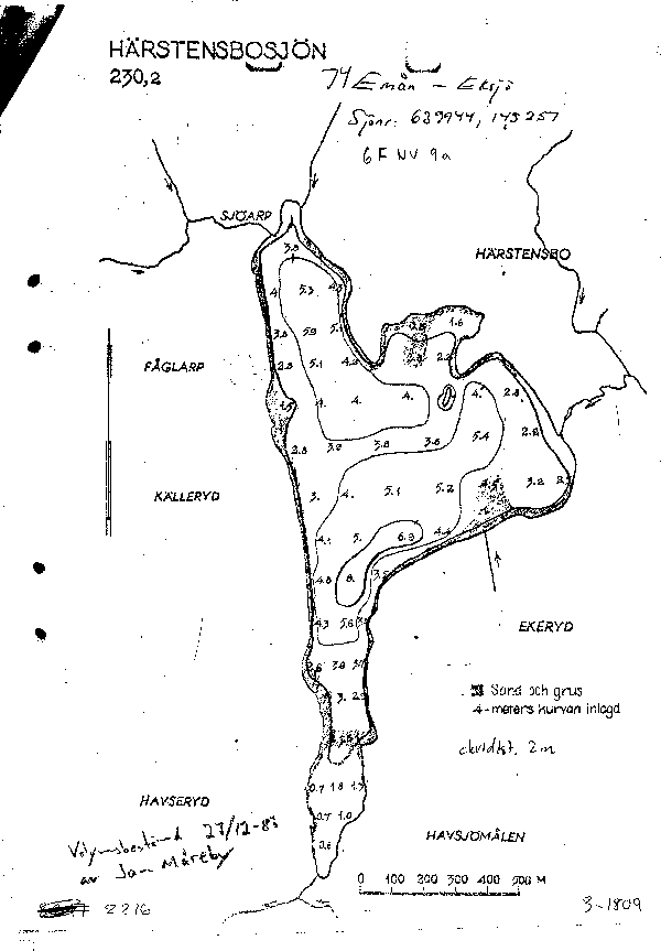 Djupkarta för Härstensbosjön — Härstensbosjön — blad 3-1809 (SMHI Vattenwebb)