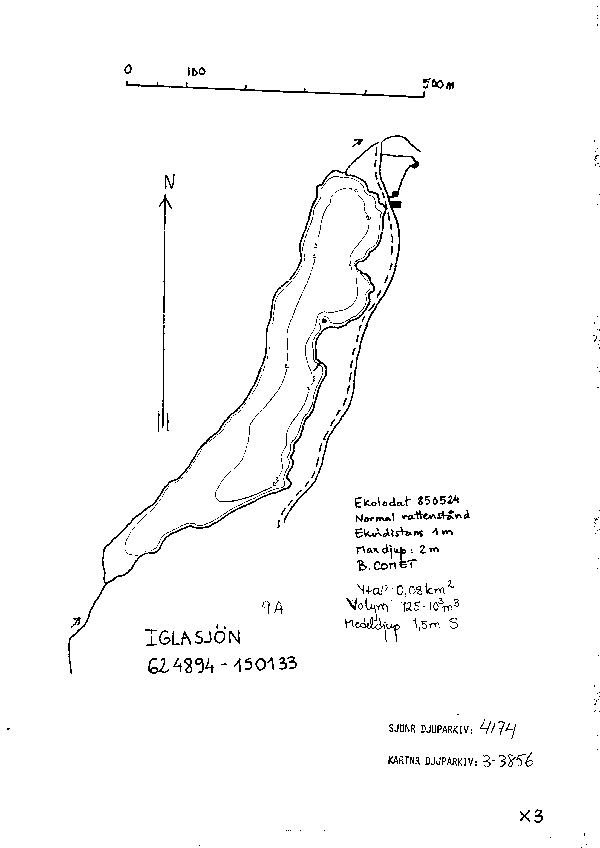 Djupkarta för Iglasjön i Torsås — Iglasjön — blad 3-3856 (SMHI Vattenwebb)