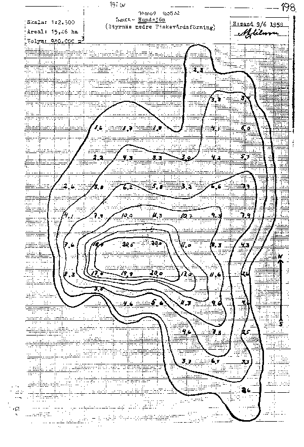 Djupkarta för Inner-Hundsjön — Inner-Hundsjön — blad 3-3921 (SMHI Vattenwebb)