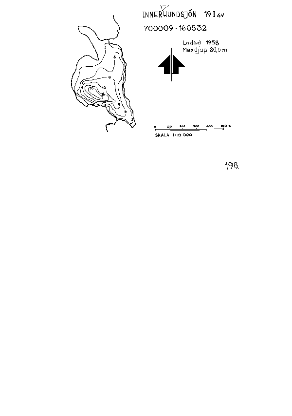 Djupkarta för Inner-Hundsjön — Inner-Hundsjön — blad 3-5370 (SMHI Vattenwebb)