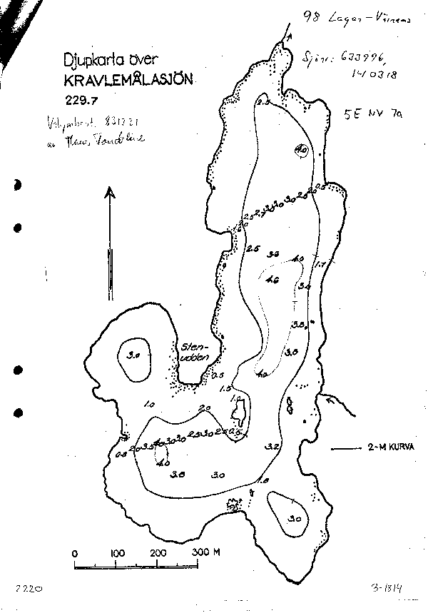 Djupkarta för Kravlemålasjön — Kravemålasjön — blad 3-1814 (SMHI Vattenwebb)