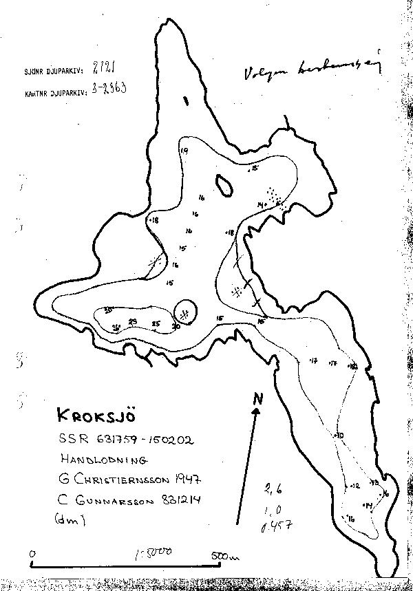 Djupkarta för Kroksjö i Nybro — Kroksjö — blad 3-2363 (SMHI Vattenwebb)