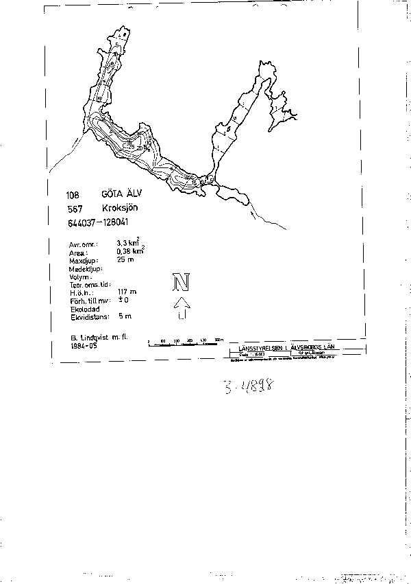 Djupkarta för Kroksjön i Lilla Edet — Kroksjön — blad 3-4828 (SMHI Vattenwebb)