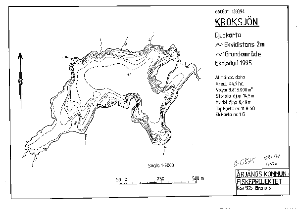 Djupkarta för Kroksjön i Årjäng — Kroksjön — blad 2-0875 (SMHI Vattenwebb)