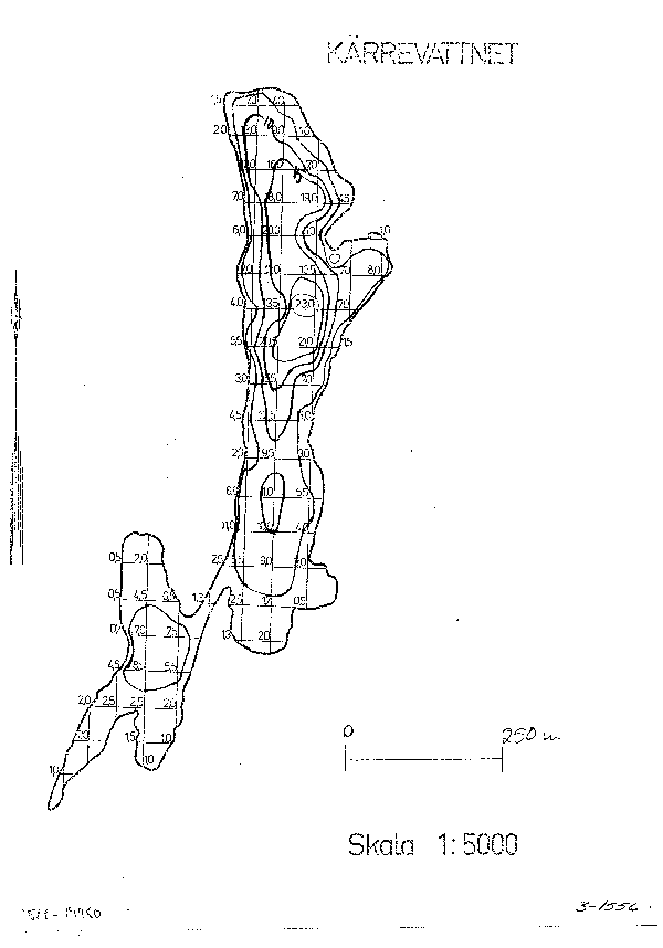 Djupkarta för Kärrevattnet — Kärrevattnet — blad 3-1556 (SMHI Vattenwebb)