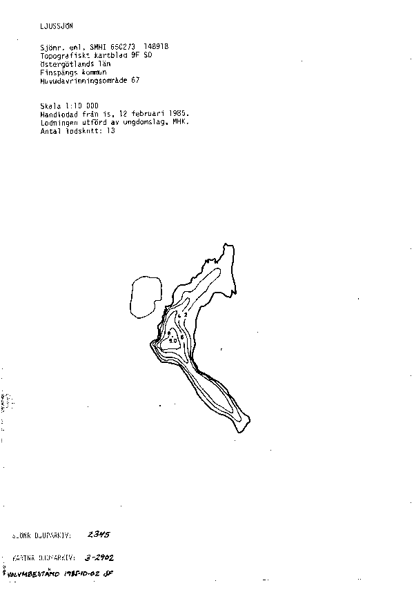 Djupkarta för Ljussjön i Finspång — Ljussjön — blad 3-2902 (SMHI Vattenwebb)