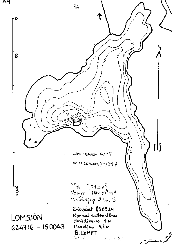 Djupkarta för Lomsjön i Torsås — Lomsjön — blad 3-3857 (SMHI Vattenwebb)