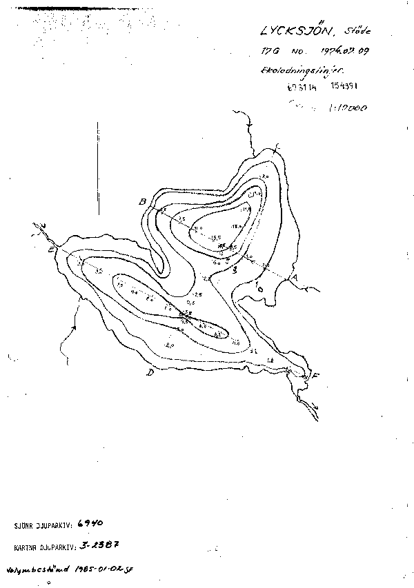 Djupkarta för Lycksjön i Sundsvall — Lycksjön — blad 3-2387 (SMHI Vattenwebb)