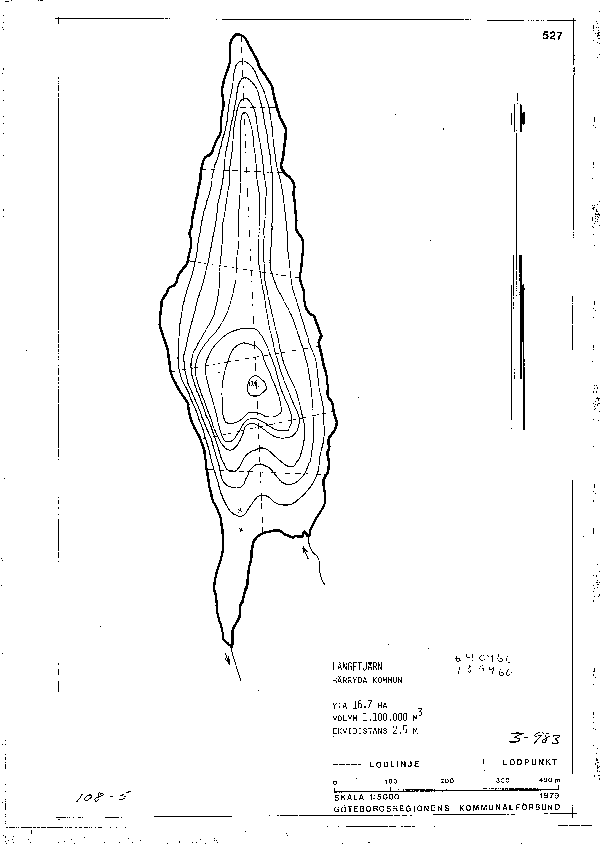 Djupkarta för Långetjärn i Härryda — Långetjärn — blad 3-0983 (SMHI Vattenwebb)