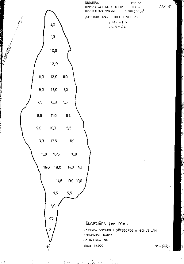 Djupkarta för Långetjärn i Härryda — Långetjärn — blad 3-0992 (SMHI Vattenwebb)