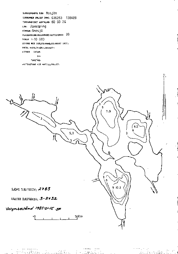 Djupkarta för Mosjön i Gnosjö — Mosjön — blad 3-2432 (SMHI Vattenwebb)