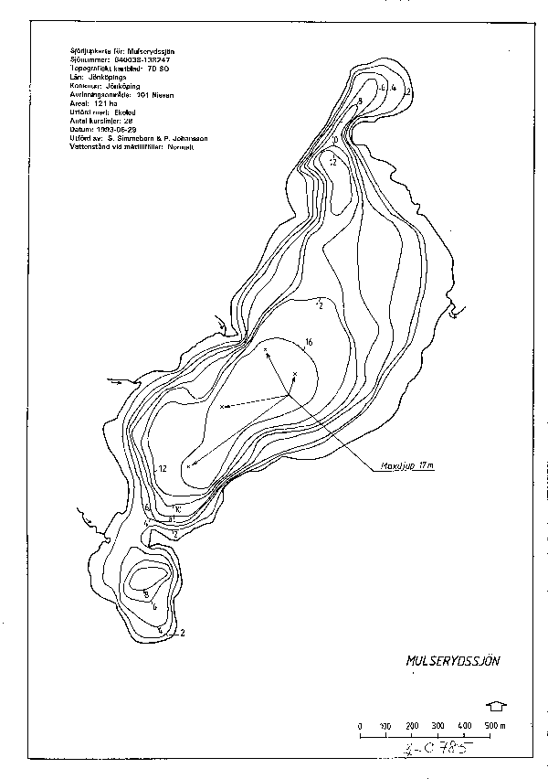 Djupkarta för Mulserydssjön — Mulserydssjön — blad 2-0785 (SMHI Vattenwebb)