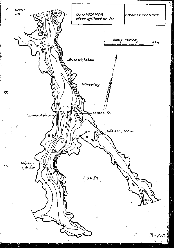 Djupkarta för Mälaren — Mälaren området vid Hässelbyverket, a: djupkarta, b: area, volym, medeldjup (SMHI Vattenwebb)