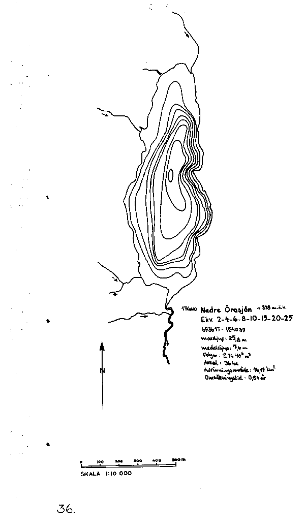 Djupkarta för Nedre Örasjön i Sundsvall — Nedre Örasjön — blad 3-3131 (SMHI Vattenwebb)