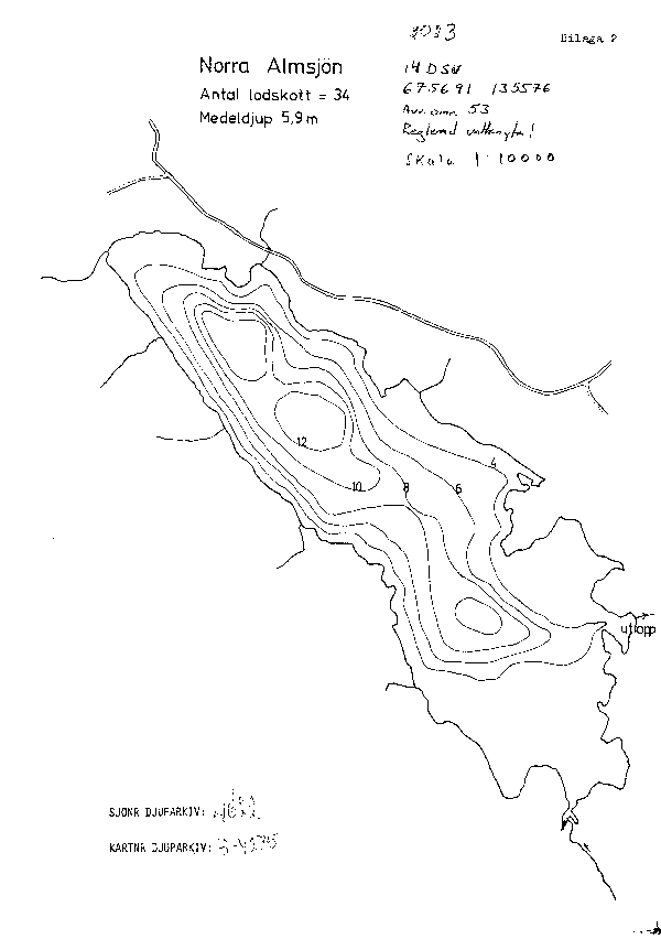 Djupkarta för Norra Almsjön — Norra Almsjön — blad 3-4275 (SMHI Vattenwebb)