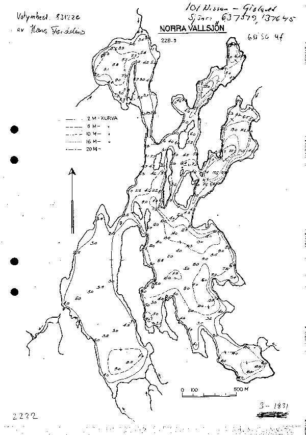 Djupkarta för Norra Vallsjön — Norra Vallsjön — blad 3-2506 (SMHI Vattenwebb)