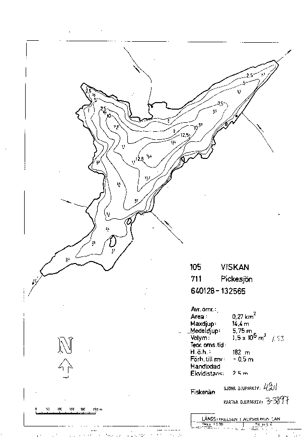 Djupkarta för Pickesjön — Pickesjön — blad 3-3897 (SMHI Vattenwebb)
