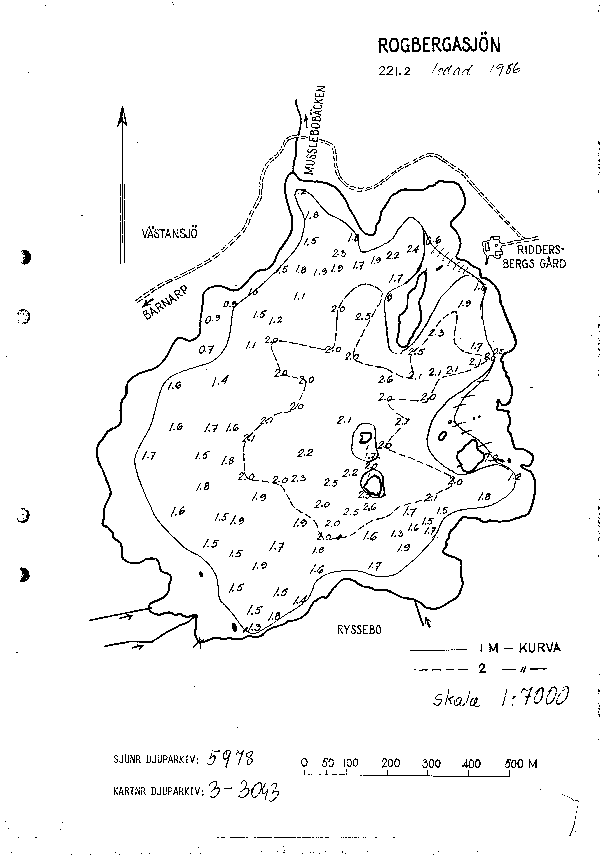 Djupkarta för Rogbergasjön — Rogbergasjön — blad 3-3043 (SMHI Vattenwebb)