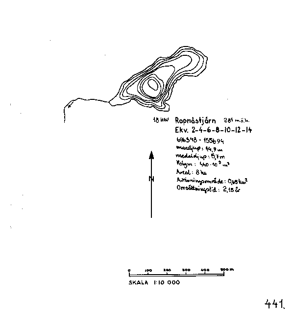 Djupkarta för Ropnästjärnen — Ropnästjärnen — blad 3-3145 (SMHI Vattenwebb)