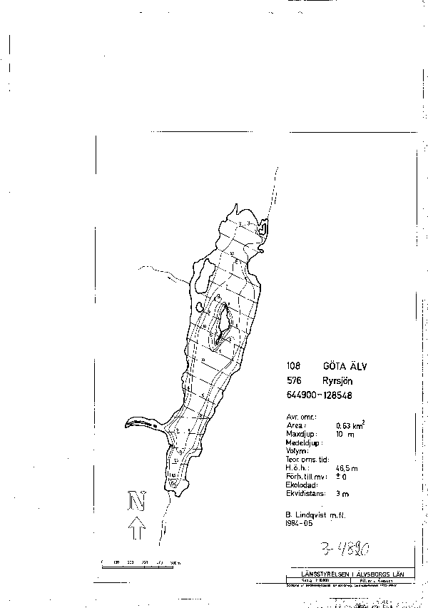Djupkarta för Ryrsjön i Lilla Edet — Ryrsjön — blad 3-4820 (SMHI Vattenwebb)