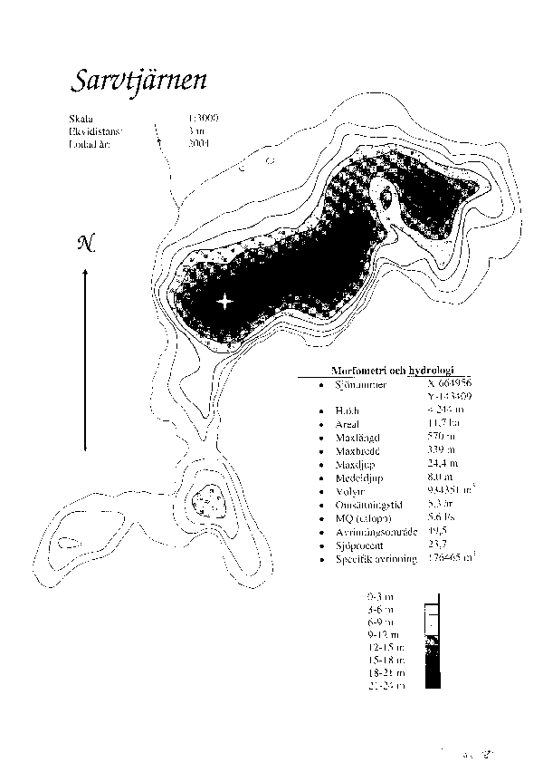 Djupkarta för Sarvtjärnen i Hällefors — Sarvtjärnen — blad 3-6677 (SMHI Vattenwebb)