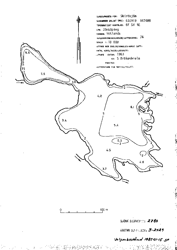 Djupkarta för Skirösjön — Skirösjön — blad 3-2429 (SMHI Vattenwebb)