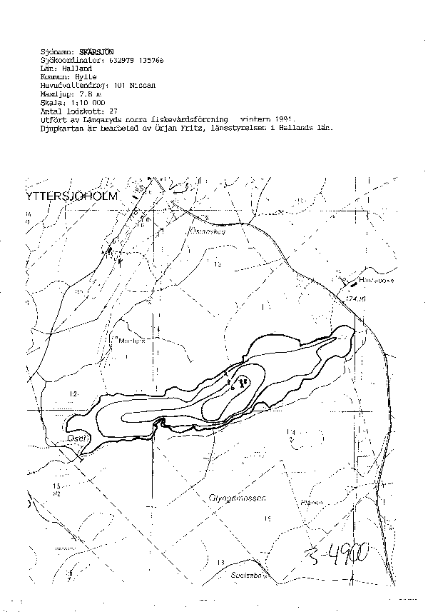 Djupkarta för Skärsjön i Hylte — Skärsjön — blad 3-4900 (SMHI Vattenwebb)
