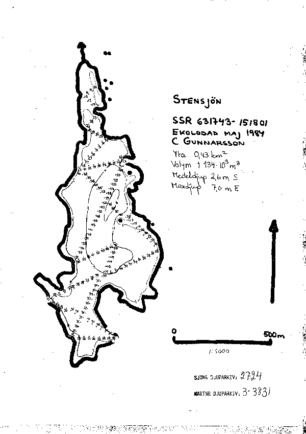 Djupkarta för Stensjön i Nybro — Stensjön — blad 3-3831 (SMHI Vattenwebb)