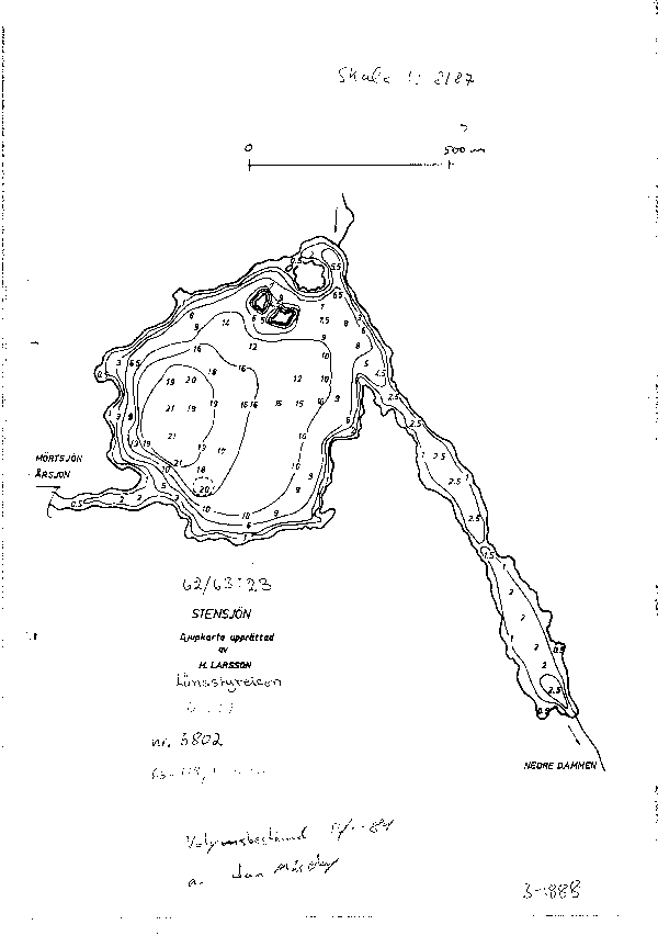 Djupkarta för Stensjön i Tyresö — Stensjön — blad 3-1888 (SMHI Vattenwebb)