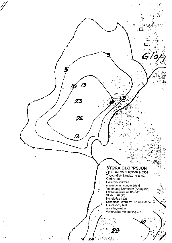 Djupkarta för Stora Gloppsjön — Stora Gloppsjön — blad 3-6315 (SMHI Vattenwebb)