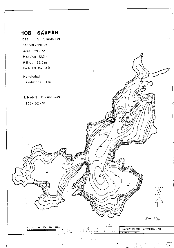 Djupkarta för Stora Stamsjön — Stora Stamsjön — blad 3-1734 (SMHI Vattenwebb)