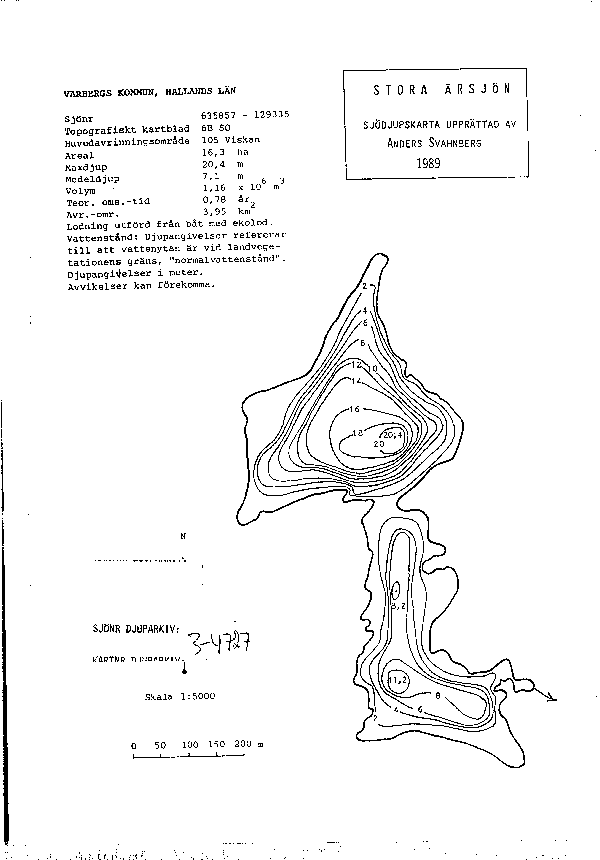 Djupkarta för Stora Ärsjön — Stora Ärsjön — blad 3-4727 (SMHI Vattenwebb)
