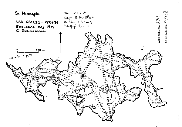 Djupkarta för Store Hindsjön — Store Hindsjön — blad 3-3832 (SMHI Vattenwebb)
